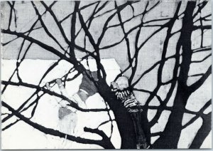 postcard Iowa Artists -  Stacey and Benjie  -- children climbing tree