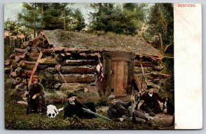 4 Hunters w/Guns & Dogs Relax~Log Cabin~Publisher~Kraemer Art Cincinnati~Germany