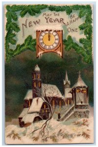 1909 New Year Clock House Church Bell Tower Winter Embossed Antique Postcard