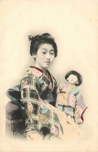 UDB Hand-Colored Japanese Postcard Young Woman in Kimono Woman w/ Doll, Unposted