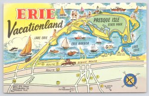 Plastichrome~Erie~Vacationland~Preque Isle State Park~Lake~Harbor~Boats~Vintage