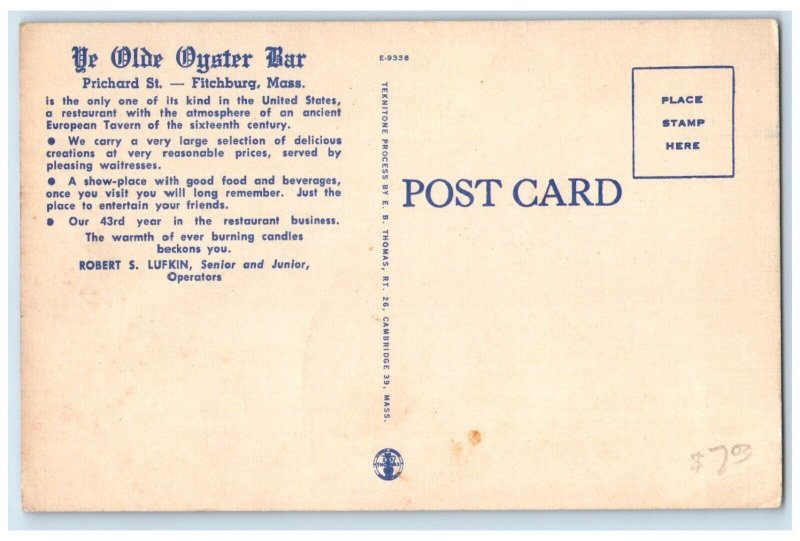 c1950's Olde Oyster Bar Fitchburg Massachusetts MA Multiview Vintage Postcard