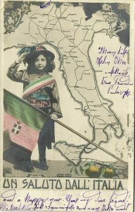 italy, Un Saluto dall' Italia, Map Postcard, Young Girl Holds the Flag (1936)