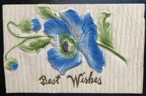Vintage Victorian Postcard 1909 Best Wishes - Blue Deeply Embossed Poppy