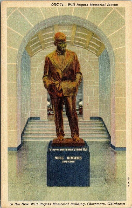 Will Rogers Memorial Statue Claremore Oklahoma OK Postcard Curteich VTG UNP  