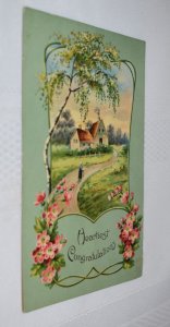 Heartiest Congratulations Spring Scene Flowers Postcard Printed in Germany