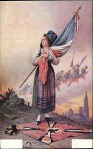 WWI S Marcoux Woman Hugs French Flag Stands Over BURNING GERMAN FLAG PC