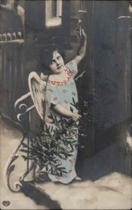 Christmas   Cherub Tree Tinted RPPC Real Photo Vintage Postcard