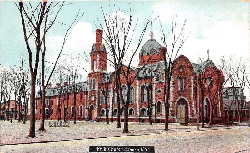 Elmira New York~Park Church in Winter-Thomas K Beecher~Bare Trees in Park~c1910