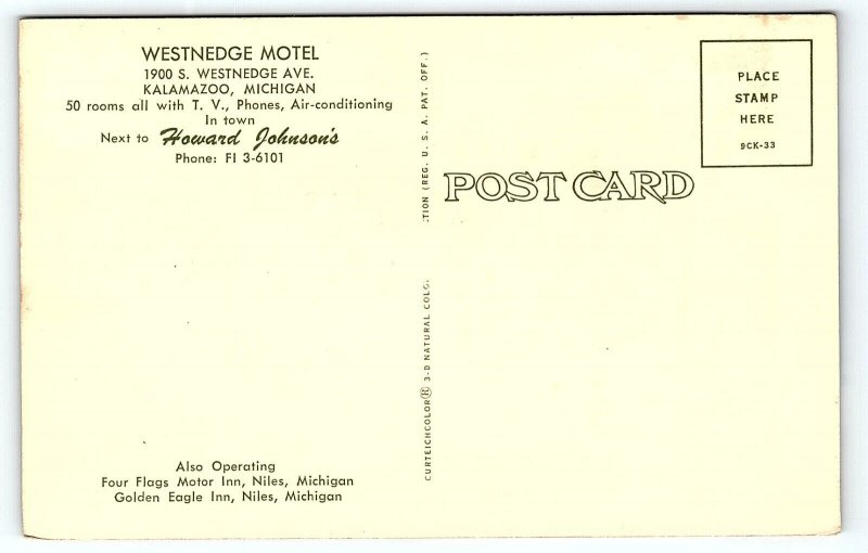 1950s KALAMAZOO MI WESTNEDGE MOTEL ADJACENT HOWARD JOHNSON'S AAA POSTCARD P2893