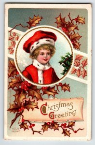 Christmas Postcard Ellen Clapsaddle Girl Holly Leaves 1910 Germany Series 1184