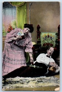 1908 Wife Taking Her Drunk Husband's Money Amacansett New York NY Postcard