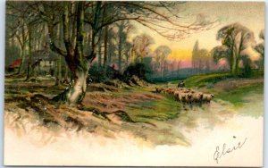 M-40093 Shepherd and Sheep in Forest Art Print