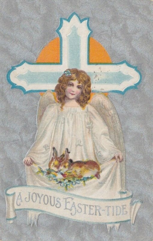 EASTER, PU-1906; Angel holding rabbits in dress, Cross