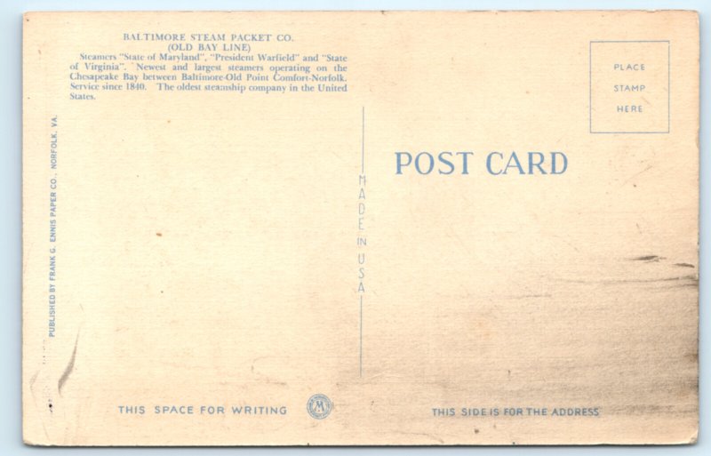 Steamship Maryland Steamer Old Bay Line Ship Postcard