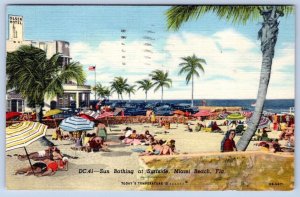 1951 SUN BATHING AT SURFSIDE MIAMI BEACH FL*TODAY'S TEMP IS...OLD CARS*UMBRELLAS