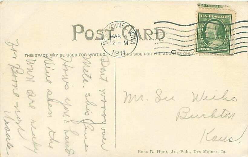 Des Moines Iowa Union Station Postcard 1911 Postmark, Horse Carriage