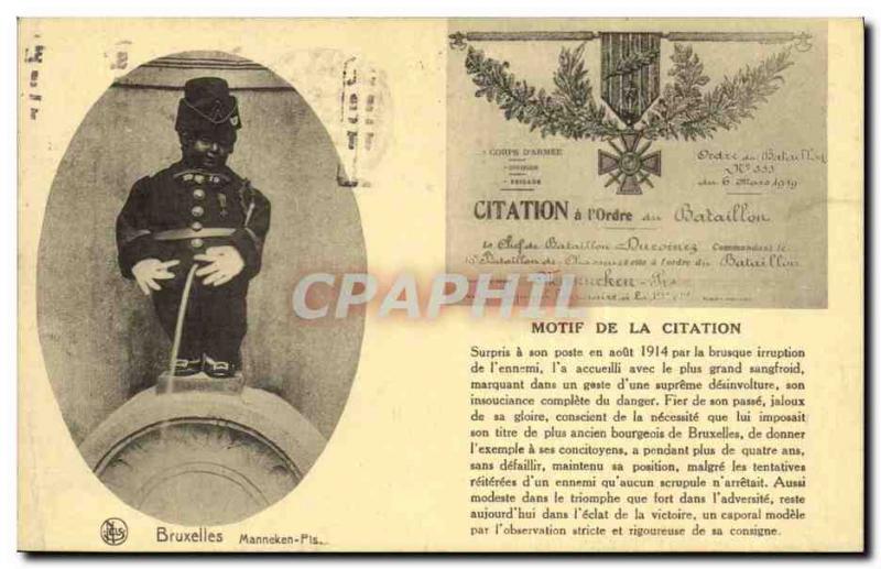 Old Postcard Medaille Brussels Manneken Pis Citation l & # 39ordre Battalion ...
