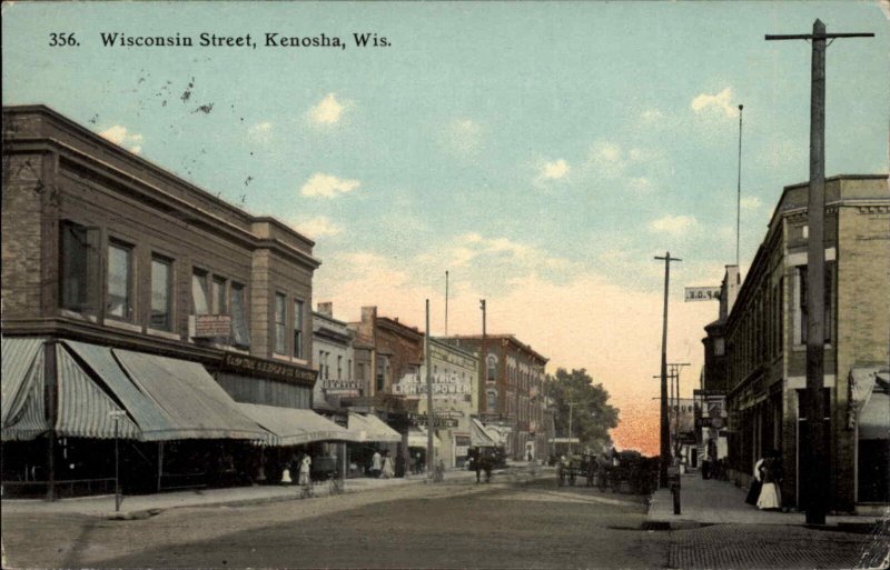 Kenosha Wisconsin WI Street Scene c1910 Vintage Postcard