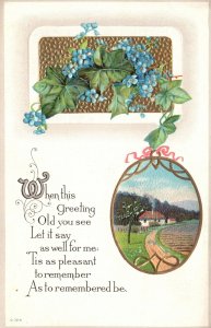 Vintage Postcard Remembrance Greetings Wishes Forget Me Nots Landscape Old Mill