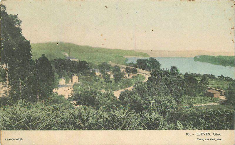 Birdseye View c-1910 Cleves Ohio Young Carl hand colored postcard 1923