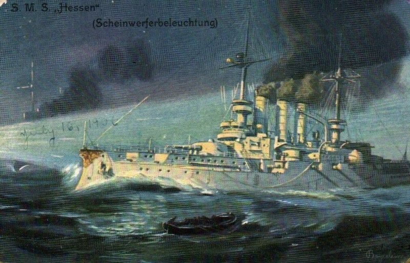 WWI German Imperial Navy Cruiser SMS Hessen Headlight Night Lovely Art 1910s