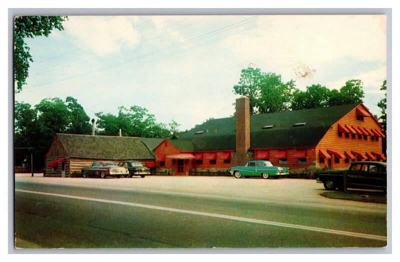 Postcard NY Bronco Charlie's Original Log Cabin Restaurant Oakdale New York Cars 