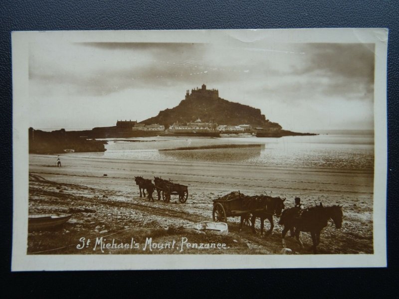 Cornwall PENZANCE St. Michael's Mount showing Horse & Carts c1912 RP Postcard