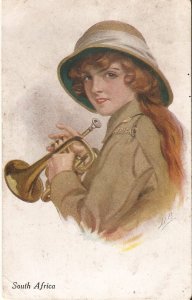 South Africa. Lady with trumpet  Old vintage English, artist signed, postcard