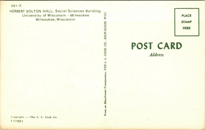 Vtg University of Wisconsin Herbert Bolton Hall Milwaukee Wisconsin WI Postcard