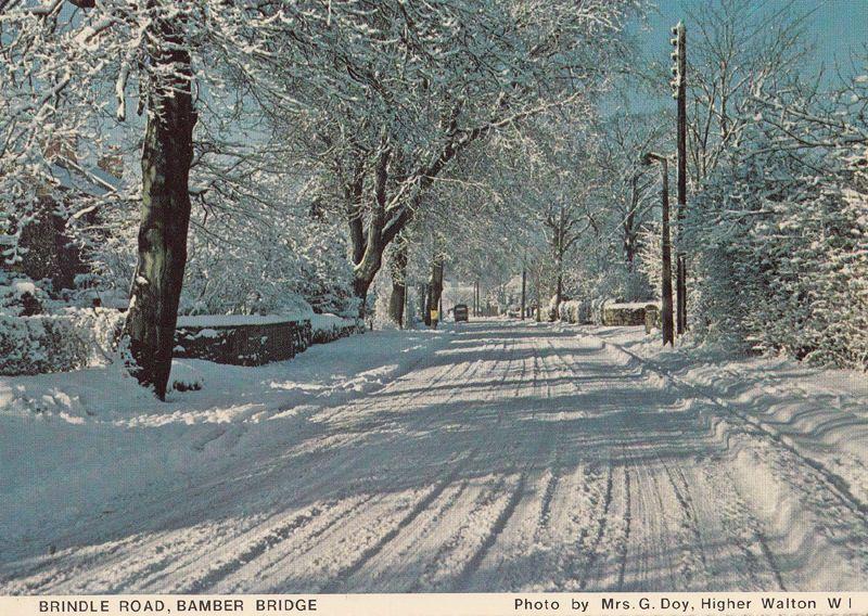 Brindle Road at Bamber Bridge Lancashire Village Vintage Winter Snow Postcard