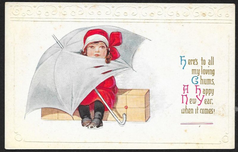 Happy New Year Lady In Red Head Stuck Through Umbrella Unused c1910s