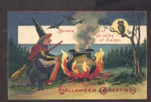 HALLOWEEN GREETINGS WITCH BROOM CAULDRON 1907 MYSTIC IOWA VINTAGE POSTCARD