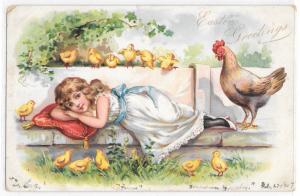 TUCK Embossed Postcard Little Girl with Chicks and Chicken Easter Greetings