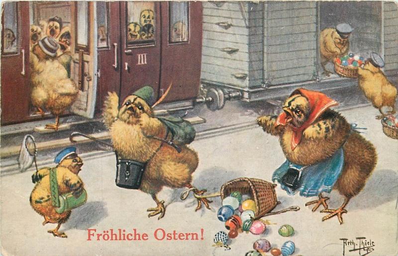 Easter A. THIELE signed humanized anthropomorphic dressed chickens train station