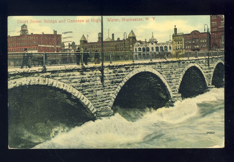 Rochester, New York/NY Postcard, Court Street Bridge & Genesee At High Water