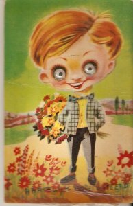 Gentleman with flowers bouquet  Vintage Dutch postcard,  with moving glass eye