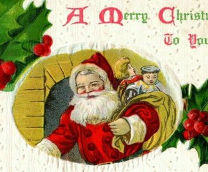 Christmas Santa Toys Embossed 1910 Holly Moravia Vintage Antique Postcard 
