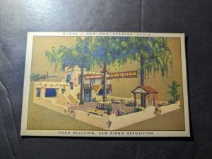 Mint USA Postcard Food Building San Diego Exposition Globe Ben Hur Spanish Patio