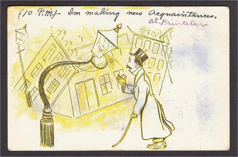 Princeton NJ at 10pm Drunk Fantasy Streetlight Comic Postcard Mailed in 1908