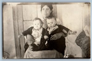 c1910's Mother And Twin Babies House Interior RPPC Photo Posted Antique Postcard