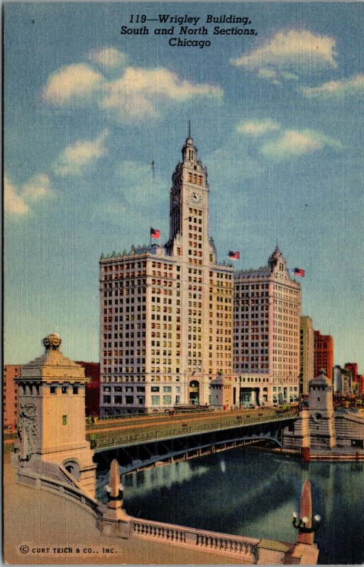 Vtg 1940s Wrigley Building South and North Sections Chicago Illinois IL Postcard