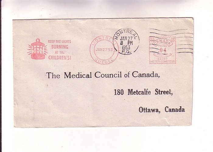 Cover, Medical Council of Canada, Used 1953, Montreal Machine Cancel Children...