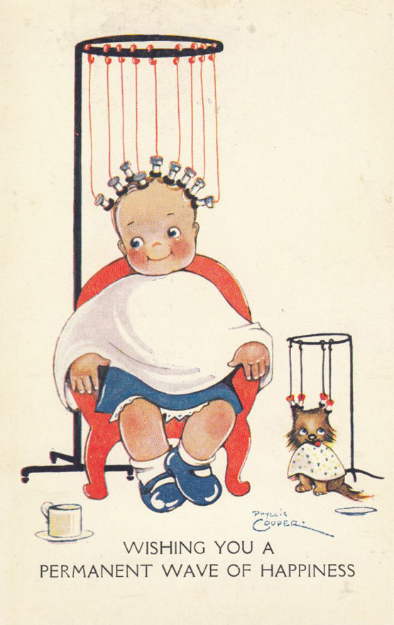 Child Getting Hair Permed Hair Rollers Hairdresser Cute Comic Old