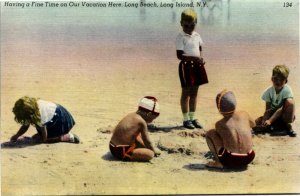 Postcard NY Long Island Children Playing in the Sand at Long Beach 1940s H9