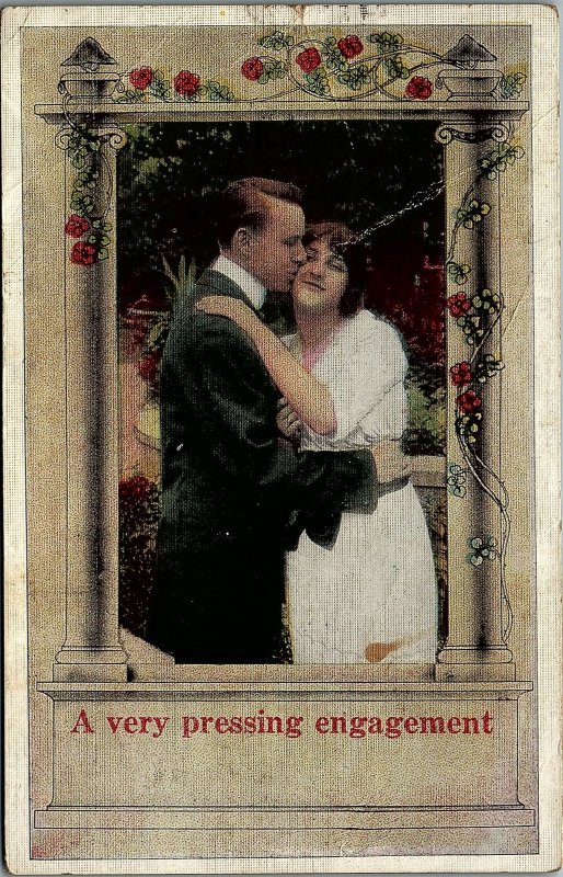 1924 ART DECO COUPLE A VERY PRESSING ENGAGEMENT LOVERS POSTCARD 14-130 