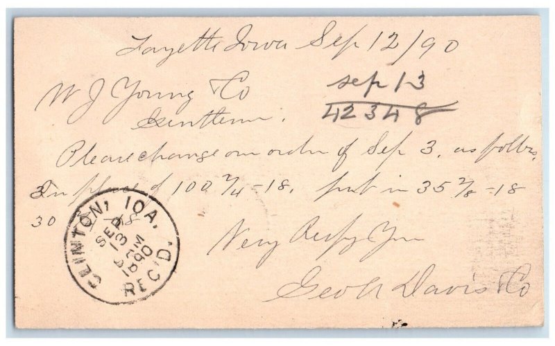 1890 Lumber Order Geoh Davis & Co. Fayette Iowa IA Clinton IA Postcard