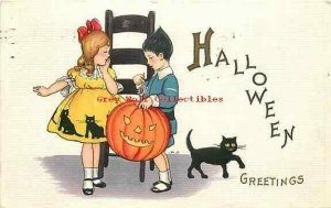 Halloween, Boy and Girl, Black Cat, JOL,Signed by Mary Evens Price,Stecher 400 D