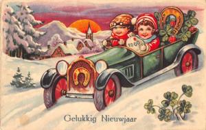 Dutch Happy New Year children in car snow scene at night antique pc Y13115