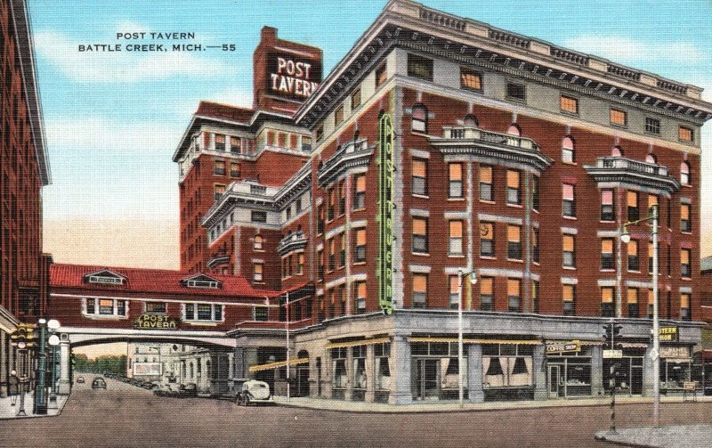 Battle Creek Michigan Post Tavern Cereal Food Center Sanitarium Vintage Postcard